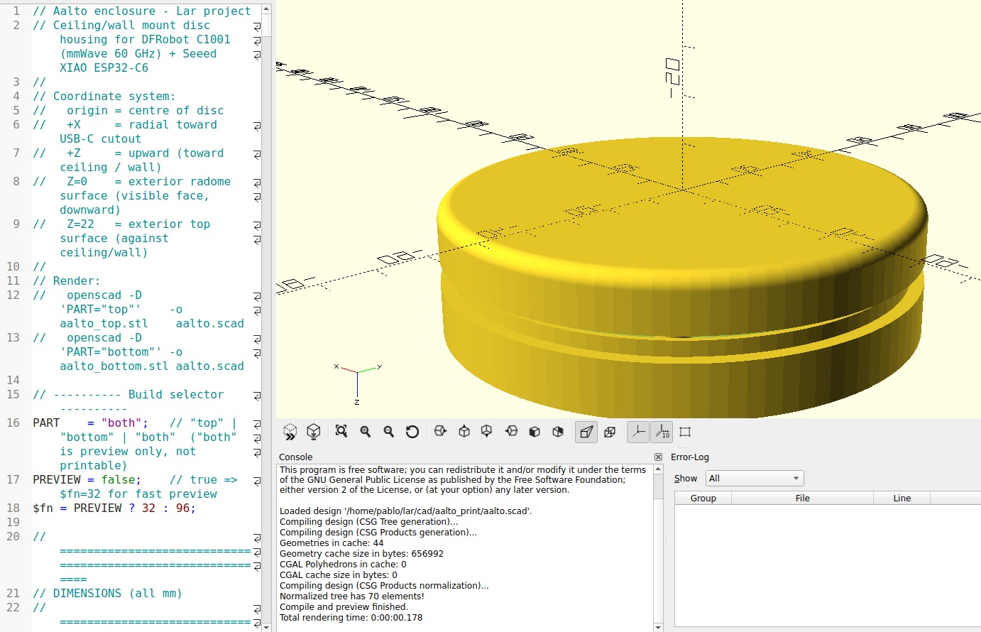 Render 3D de la carcasa Aalto en OpenSCAD — disco ⌀100 × 22 mm